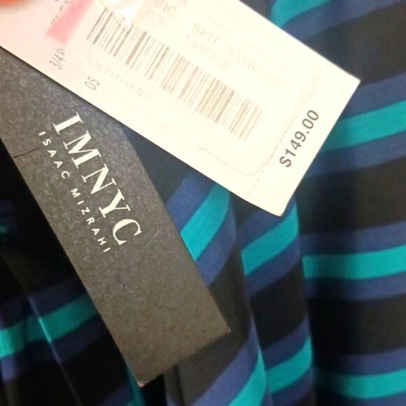 ISAAC MIZRANI Teal / black stripped long-sleeve V-neck Boho wrap midi dress L - Picture 9 of 14